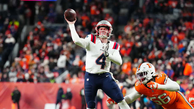 New England Patriots quarterback Bailey Zappe throws a touchdown against the Denver Broncos