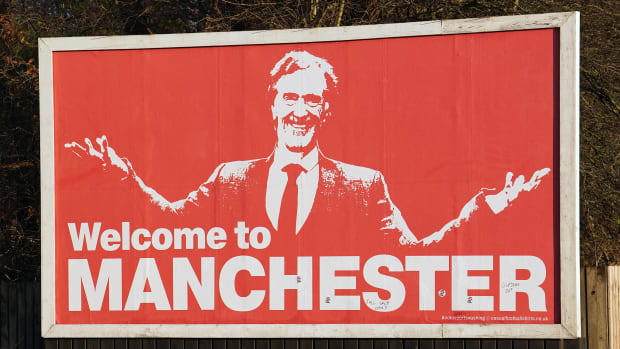 A billboard pictured near Old Trafford in December 2023 featuring an image of Sir Jim Ratcliffe alongside the words: "Welcome to MANCHESTER"