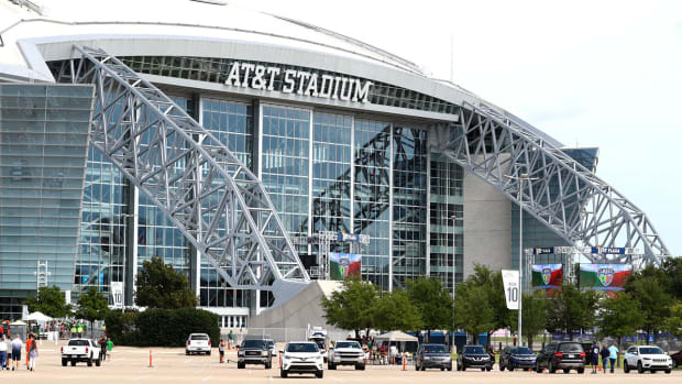 AT&T Stadium in Arlington, Texas, is seen from the exterior on Aug. 31, 2019.
