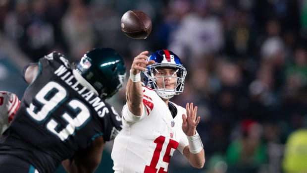 New York Giants quarterback Tommy DeVito attempts a pass vs. the Philadelphia Eagles