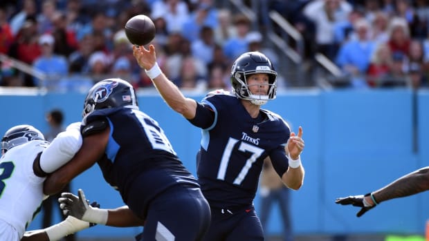 Tennessee Titans quarterback Ryan Tannehill (17) attempts a pass during the first half against the Seattle Seahawks at Nissan Stadium. Mandatory Credit: Christopher Hanewinckel-USA TODAY Sports