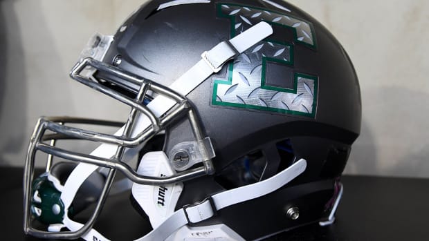 A detailed view of a Eastern Michigan Eagles helmet before a game against the Northern Illinois Huskies at Huskie Stadium.
