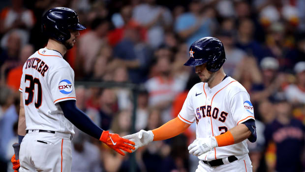 Sep 13, 2023; Houston, Texas, USA; Houston Astros third baseman Alex Bregman (2) is congratulated by Houston Astros right fielder Kyle Tucker (30) after after hitting a home run to left field against the Oakland Athletics during the third inning at Minute Maid Park. Mandatory Credit: Erik Williams-USA TODAY Sports