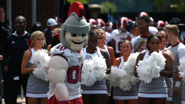 Sep 3, 2022; Oxford, Mississippi, USA; Troy Trojans mascot runs out of the tunnel prior to the game against the Mississippi Rebels at Vaught-Hemingway Stadium. Mandatory Credit: Petre Thomas-USA TODAY Sports