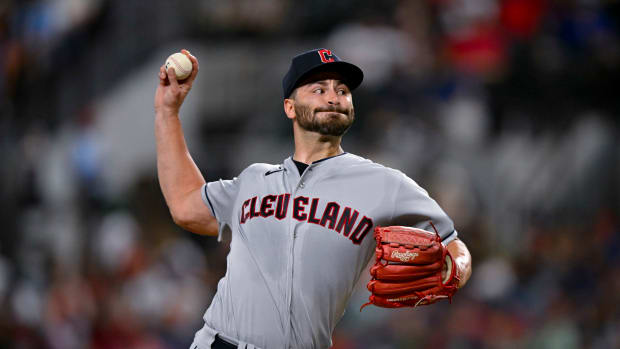 Jul 14, 2023; Arlington, Texas, USA; Cleveland Guardians starting pitcher Cody Morris (36) in action during the game between the Texas Rangers and the Cleveland Guardians at Globe Life Field.