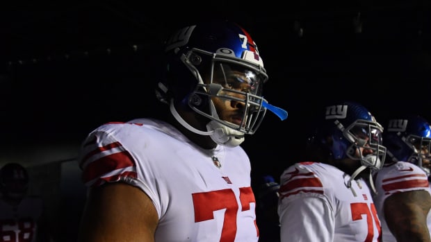 Jan 21, 2023; Philadelphia, Pennsylvania, USA; New York Giants offensive tackle Evan Neal (73) in the tunnel before the game against the Philadelphia Eagles during an NFC divisional round game at Lincoln Financial Field.