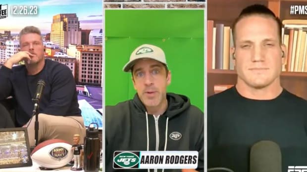 Aaron Rodgers speaks during his weekly appearance on “The Pat McAfee Show.”