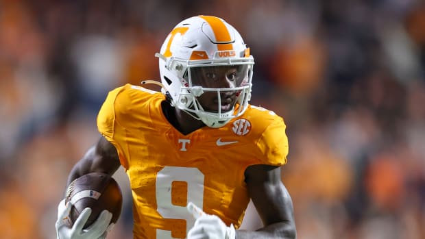Nov 25, 2023; Knoxville, Tennessee, USA; Tennessee Volunteers wide receiver Ramel Keyton (9) runs for a touchdown against the Vanderbilt Commodores during the second half at Neyland Stadium.