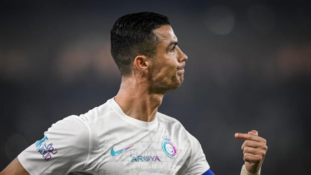 Cristiano Ronaldo pictured celebrating during Al Nassr's 5-2 win over Al-Ittihad in December 2023 - a game in which he scored his 52nd and 53rd goals of the calendar year