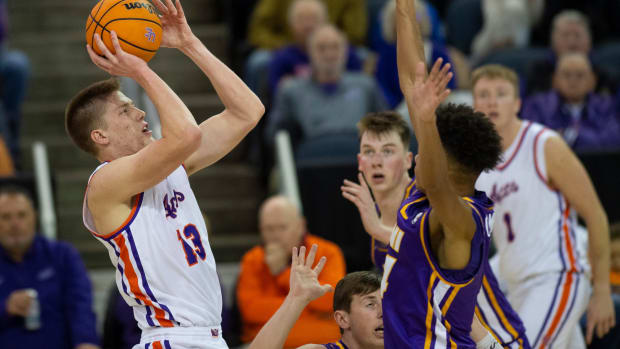 Evansville s Ben Humrichous (13) takes a shot as the University of Evansville Purple Aces play the University of Northern Iowa Panthers at Ford Center in Evansville, Ind., Saturday, Dec. 2, 2023.
