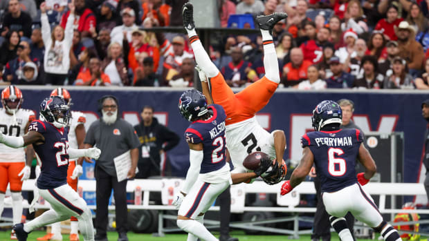 Cleveland Browns wide receiver Amari Cooper (2) is turned upside down as his is tackled by Houston Texans cornerback Steven Nelson (21) in the second half at NRG Stadium.