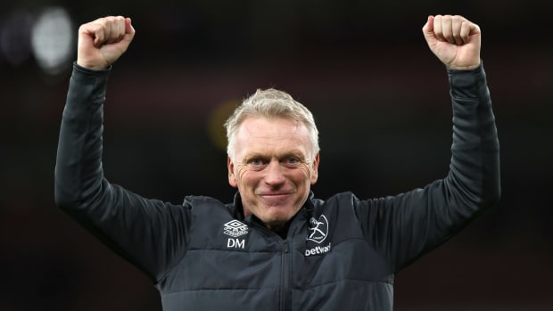 West Ham United manager David Moyes pictured celebrating after his team beat Arsenal 2-0 at the Emirates Stadium in December 2023