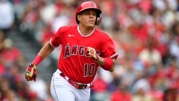May 28, 2023; Anaheim, California, USA; Los Angeles Angels third baseman Gio Urshela (10) runs after hitting a triple against the Miami Marlins during the second inning at Angel Stadium.