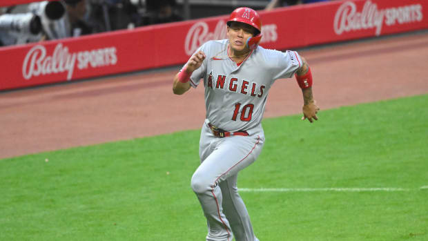 May 12, 2023; Cleveland, Ohio, USA; Los Angeles Angels first baseman Gio Urshela (10) runs the bases in the fourth inning against the Cleveland Guardians at Progressive Field.