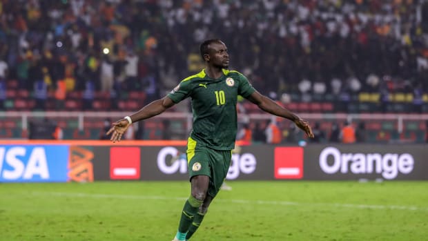 Sadio Mane pictured celebrating after scoring the winning penalty in Senegal's shootout win over Egypt in the final of the 2021 Africa Cup of Nations