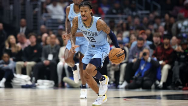 Memphis Grizzlies guard Ja Morant dribbles the ball during the first quarter against the Los Angeles Clippers.
