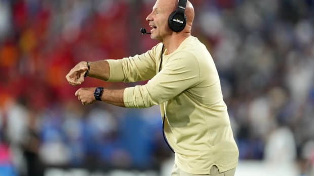 Oct 28, 2023; Pasadena, California, USA; Colorado Buffaloes defensive coordinator Charles Kelly reacts against the UCLA Bruins in the first half at Rose Bowl. UCLA defeated Colorado 28-16. Mandatory Credit: Kirby Lee-USA TODAY Sports  