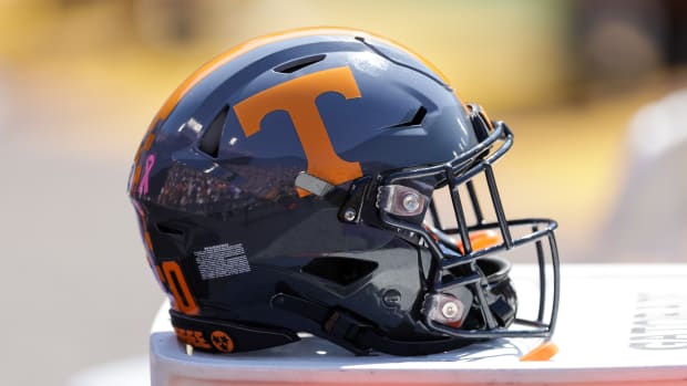 Oct 8, 2022; Baton Rouge, Louisiana, USA; Tennessee Volunteers helmet against the LSU Tigers during the second half at Tiger Stadium. Mandatory Credit: Stephen Lew-USA TODAY Sports