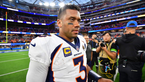 Dec 10, 2023; Inglewood, California, USA; Denver Broncos quarterback Russell Wilson (3) reacts following the victory against the Los Angeles Chargers at SoFi Stadium.
