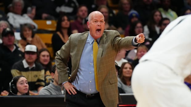 Dec 29, 2023; Boulder, Colorado, USA; Colorado Buffaloes head coach Tad Boyle calls out in the first half against the Washington Huskies at the CU Events Center