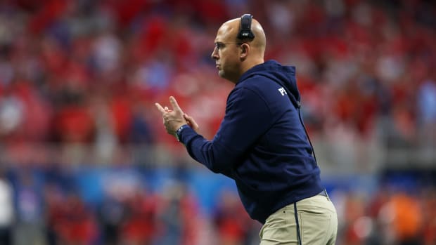 Penn State coach James Franklin on the sideline of the 2023 Peach Bowl between the Nittany Lions and Ole Miss Rebels.