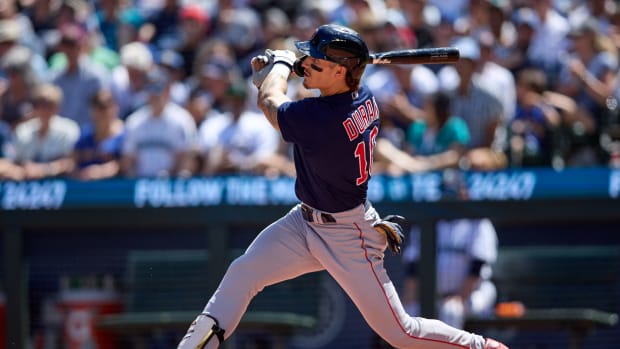 Boston Red Sox player Jarren Duran hits a two-run home run against the Seattle Mariners during the third inning at T-Mobile Park. (2023)