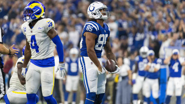 Oct 1, 2023; Indianapolis, Indiana, USA; Indianapolis Colts tight end Drew Ogletree (85) celebrates his catch in the second half against the Los Angeles Rams at Lucas Oil Stadium.