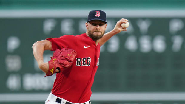 Aug 28, 2023; Boston, Massachusetts, USA; Boston Red Sox starting pitcher Chris Sale (41) throws a pitch against the Houston Astros in the first inning at Fenway Park.