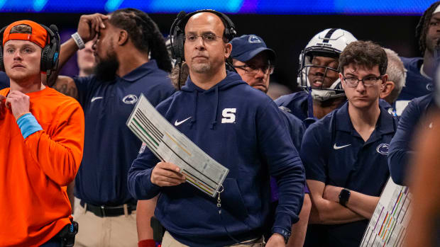 Penn State coach James Franklin on the Nittany Lions sideline in the 2023 Peach Bowl against Ole Miss at Mercedes-Benz Stadium.