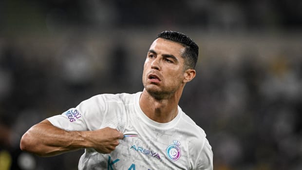 Cristiano Ronaldo pictured celebrating a goal during Al Nassr's 5-2 win over Al-Ittihad in December 2023