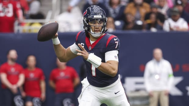 Houston Texans quarterback C.J. Stroud (7) attempts a pass during the third quarter against the Tennessee Titans at NRG Stadium. Mandatory Credit: Troy Taormina-USA TODAY Sports
