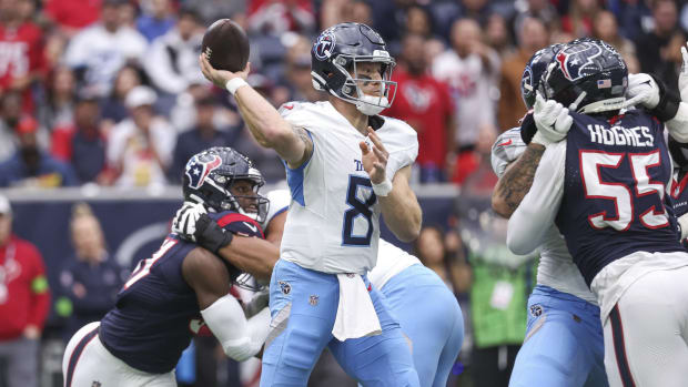 Tennessee Titans quarterback Will Levis (8) attempts a pass during the first quarter against the Houston Texans at NRG Stadium. Mandatory Credit: Troy Taormina-USA TODAY Sports
