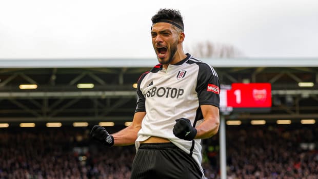 Raul Jimenez pictured celebrating after scoring for Fulham against Arsenal in a Premier League game at Craven Cottage on New Year's Eve in December 2023