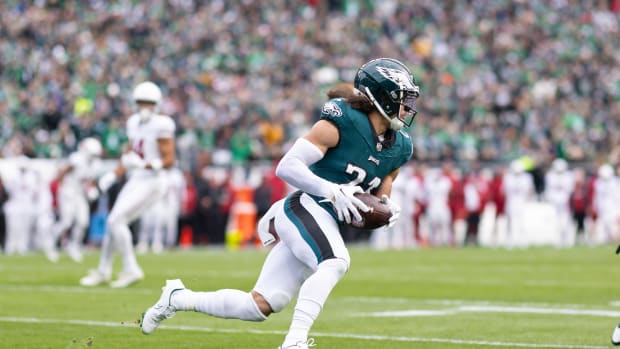 Dec 31, 2023; Philadelphia, Pennsylvania, USA; Philadelphia Eagles safety Sydney Brown (21) intercepts a pass and returns for a 99 yard touchdown against the Arizona Cardinals during the second quarter at Lincoln Financial Field. Mandatory Credit: Bill Streicher-USA TODAY Sports  
