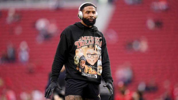 Baltimore Ravens wide receiver Odell Beckham Jr. (3) stands on the field before the start of the game against the San Francisco 49ers at Levi’s Stadium.