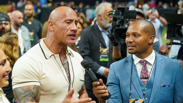 May 13, 2023; San Antonio, TX, USA; Actor and league co-owner Dwayne Johnson speaks before the game between the DC Defenders and the Arlington Renegades at the Alamodome. Mandatory Credit: Daniel Dunn-USA TODAY Sports