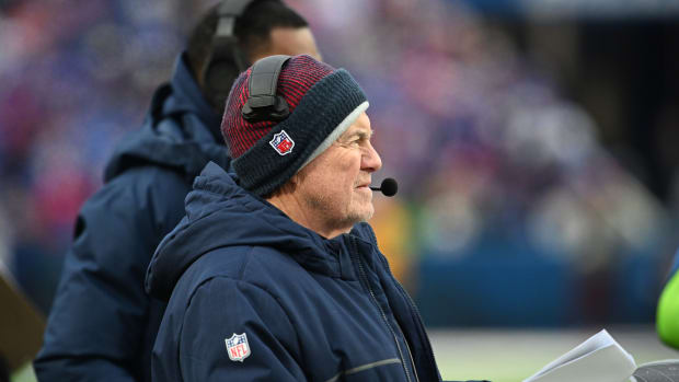 New England Patriots head coach Bill Belichick watches a play against the Buffalo Bills in the fourth quarter at Highmark Stadium.