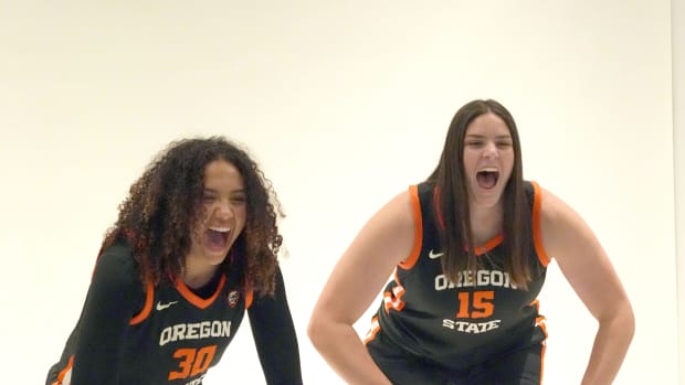 Oct 10, 2023; Las Vegas, NV, USA; Oregon State Beavers forwards Raegan Beers (15) and Timea Gardiner (30) pose during Pac-12 women's basketball media day at Park MGM Las Vegas Conference Center. Mandatory Credit: Kirby Lee-USA TODAY Sports