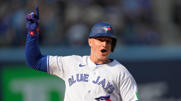 Sep 17, 2023; Toronto, Ontario, CAN; Toronto Blue Jays third baseman Matt Chapman (26) celebrates as he runs the bases after hitting the game winning RBI double against the Boston Red Sox during the ninth inning at Rogers Centre. Mandatory Credit: John E. Sokolowski-USA TODAY Sports