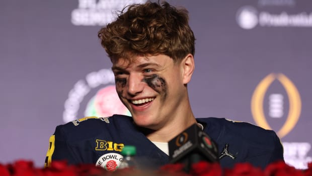 Michigan Wolverines quarterback J.J. McCarthy (9) speaks in a press conference after defeating the Alabama Crimson Tide in the 2024 Rose Bowl college football playoff semifinal game at Rose Bowl.