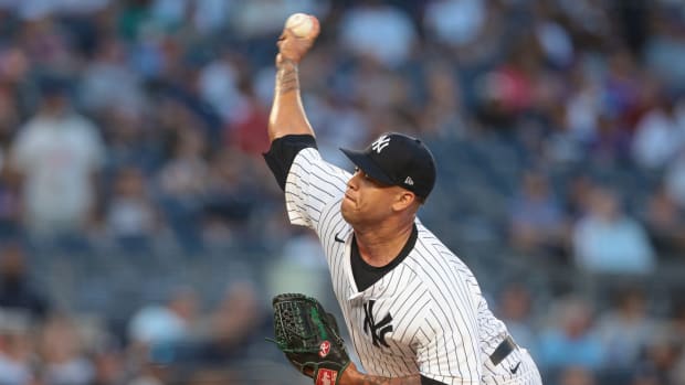 Aug 23, 2022; Bronx, New York, USA; New York Yankees starting pitcher Frankie Montas (47) delivers a pitch during the first inning against the New York Mets at Yankee Stadium. Mandatory Credit: Vincent Carchietta-USA TODAY Sports  