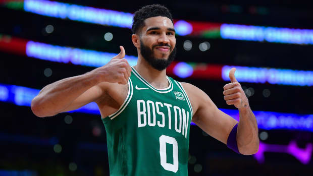 Celtics forward Jayson Tatum reacts during Boston's Christmas Day win over the Lakers.