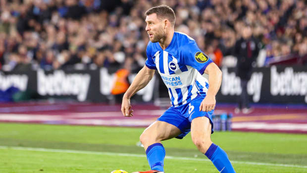 James Milner pictured playing for Brighton & Hove Albion against West Ham United in the Premier League in January 2024