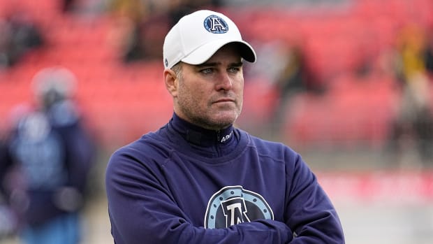 Dec 5, 2021; Toronto, Ontario, CAN; Toronto Argonauts head coach Ryan Dinwiddie during warm up of the Canadian Football League Eastern Conference Final game against the Hamilton Tiger-Cats at BMO Field. Mandatory Credit: John E. Sokolowski-USA TODAY Sports