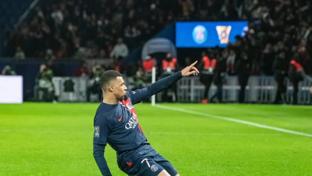 Kylian Mbappe pictured celebrating after scoring for Paris Saint-Germain against Toulouse in the 2023 French Super Cup final