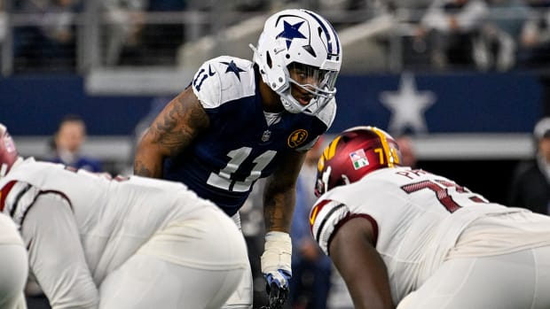 Dallas Cowboys linebacker Micah Parsons (11) in action during the game against the Washington Commanders at AT&T Stadium.