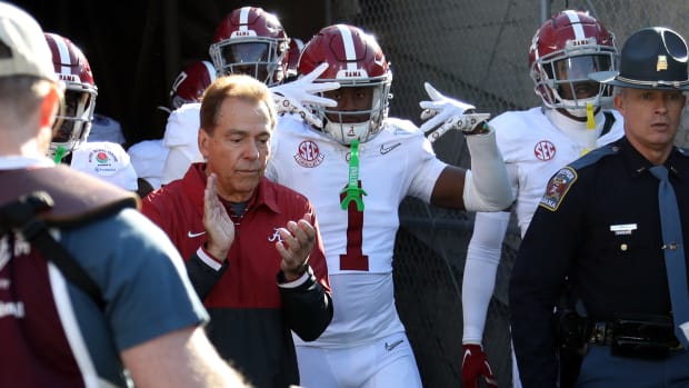 Jan 1, 2024; Pasadena, CA, USA; Alabama Crimson Tide head coach Nick Saban walks on the field with his team before the start of the 2024 Rose Bowl college football playoff semifinal game against the Michigan Wolverines at Rose Bowl.