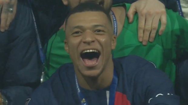Kylian Mbappe pictured celebrating after helping Paris Saint-Germain win the French Super Cup by beating Toulouse 2-0 in January 2024