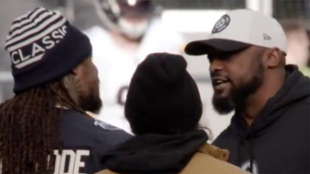 Former NFL running back Marshawn Lynch and Pittsburgh Steelers coach Mike Tomlin.