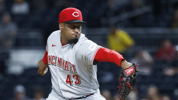 Aug 13, 2023; Pittsburgh, PA, USA; Cincinnati Reds relief pitcher Alexis Diaz (43) pitches against the Pittsburgh Pirates during the ninth inning at PNC Park. The Reds won 6-5 in ten innings. Mandatory Credit: Charles LeClaire-USA TODAY Sports 